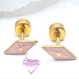 Dainty Pink 18K Yellow Gold Vintage Diamond Shaped Screw Back Earrings